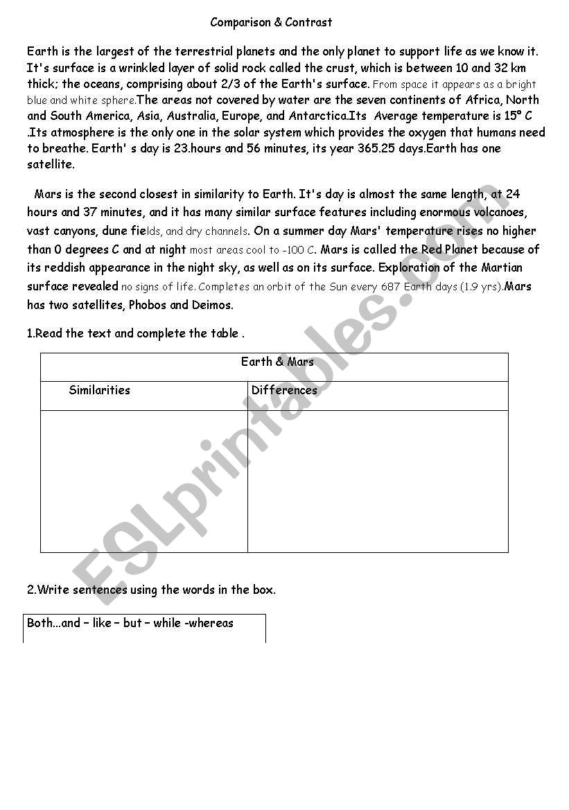 Earth vs Mars worksheet