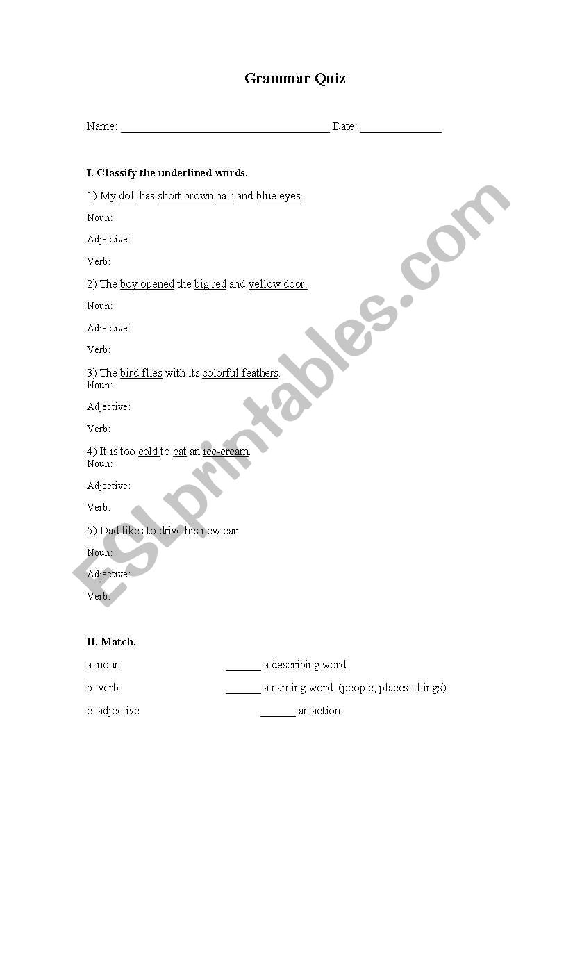 Parts of Speech Quiz worksheet