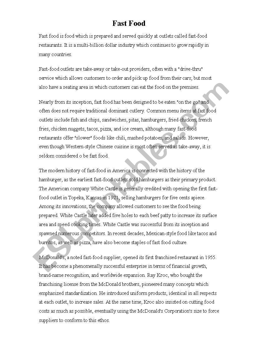 Fast food worksheet