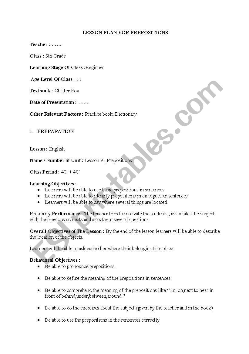 Lesson plan for prepositions worksheet