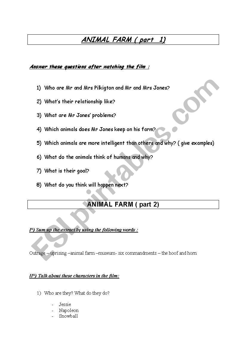 Animal Farm by G. Orwell worksheet