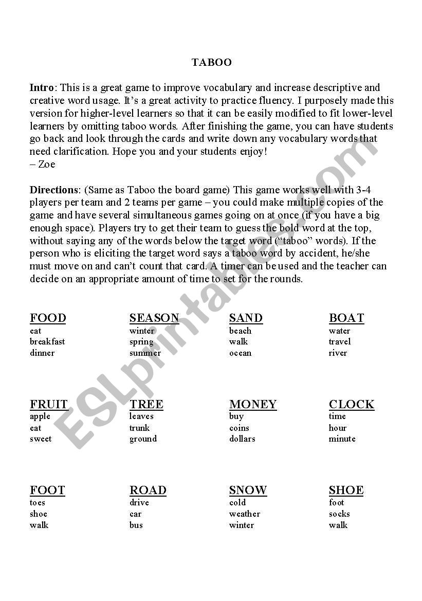 Taboo Game  worksheet