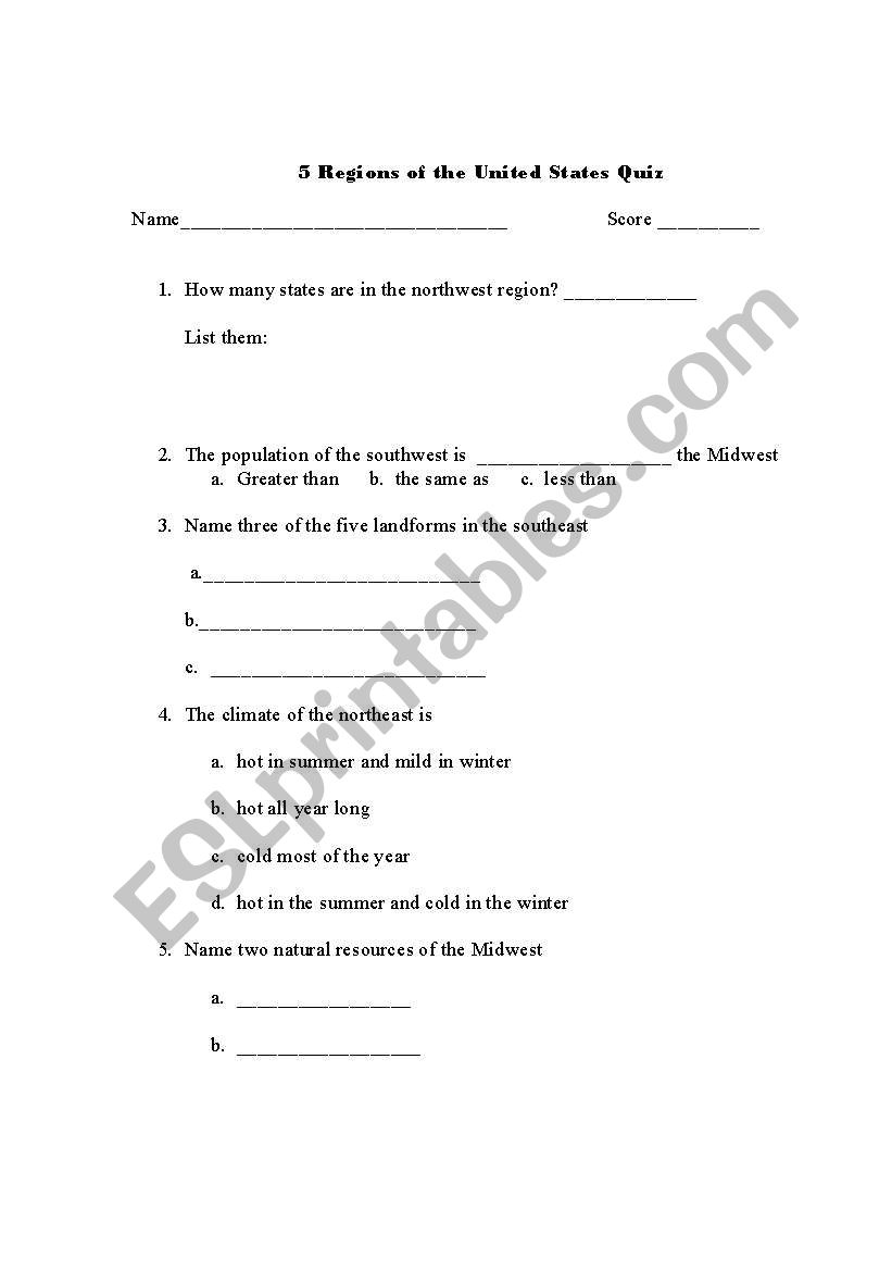 Regions of the US worksheet