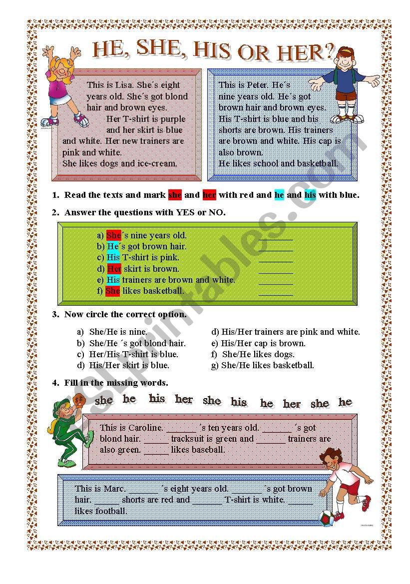 HE,SHE,HIS or HER? worksheet