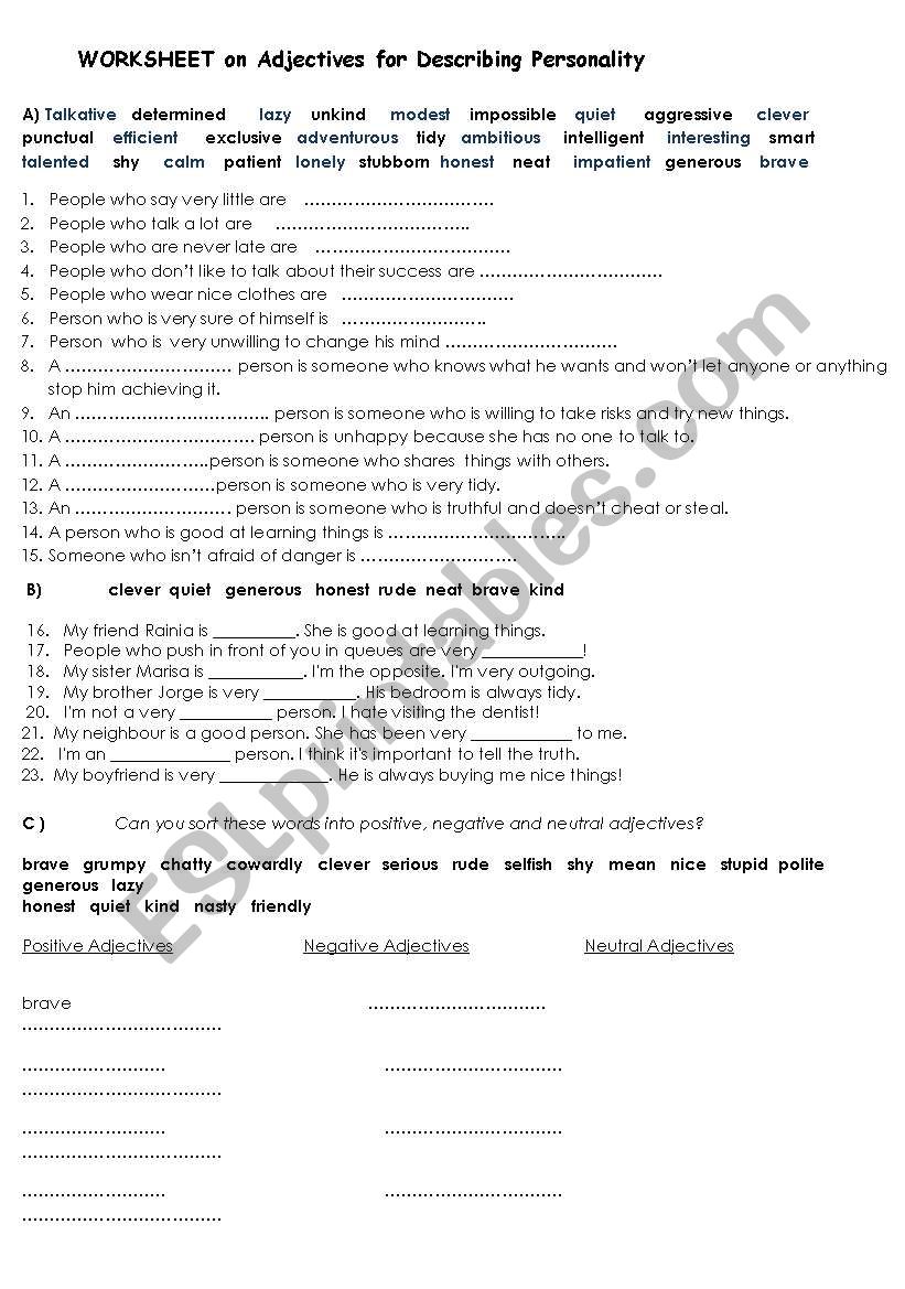 adjectives for personality worksheet