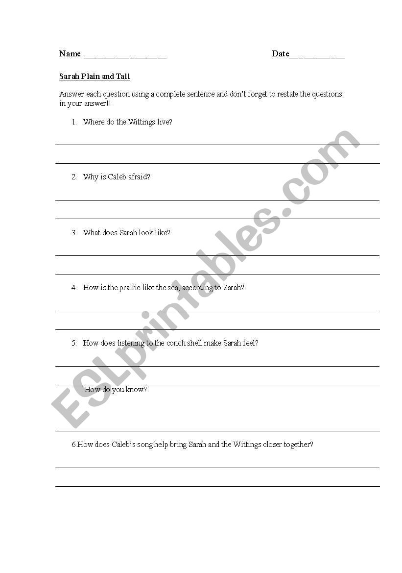 English worksheets: Sarah Plain and Tall comprehension Regarding Sarah Plain And Tall Worksheet