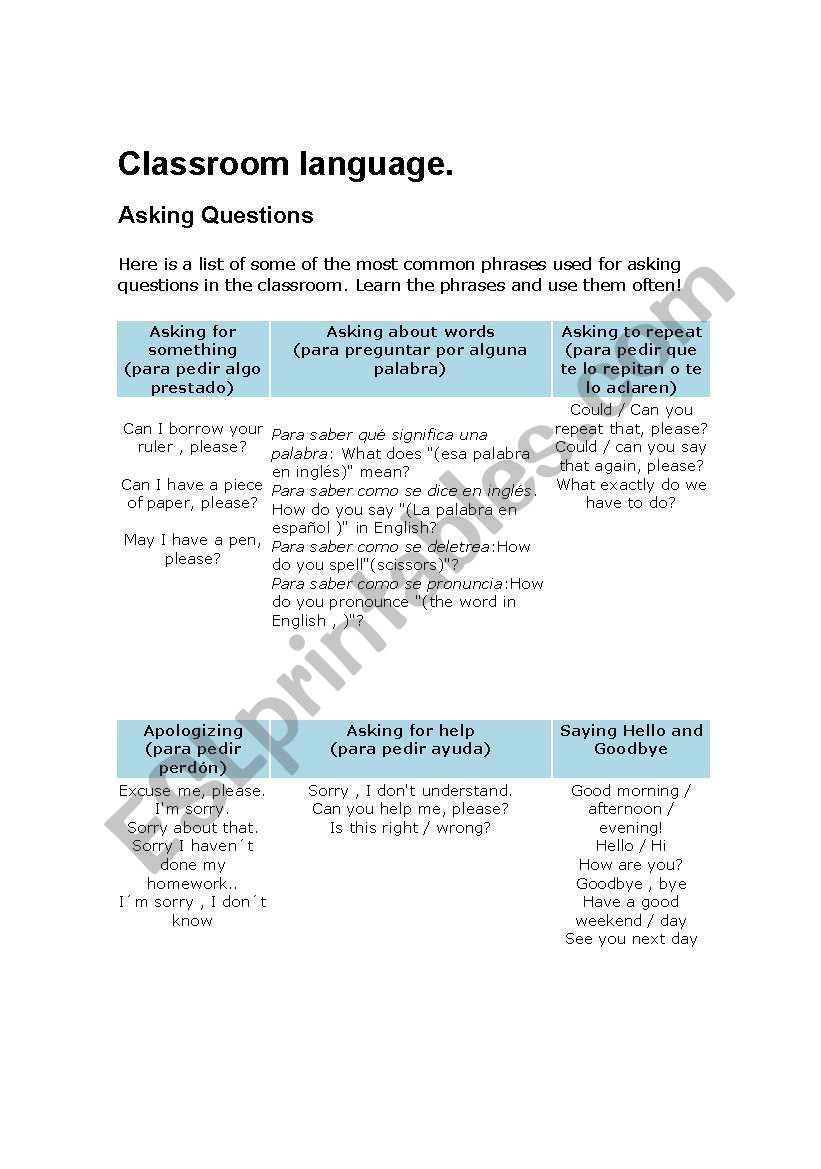Classroom language worksheet