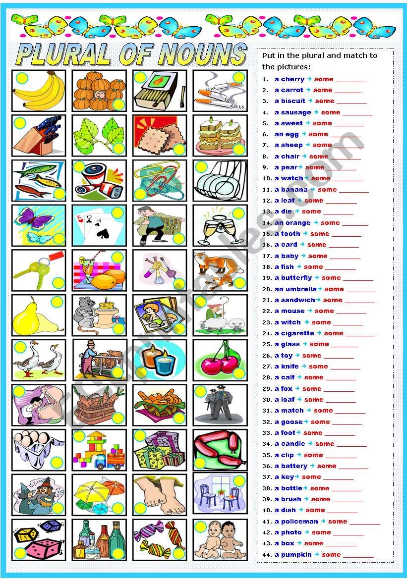 THE PLURAL OF NOUNS - COMPLETE AND MATCH (B&W VERSION INCLUDED)