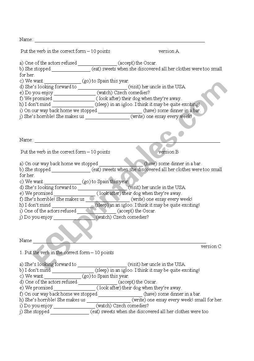 short test on verb patterns ( gerund and infinitive) - 3 versions on 1 sheet