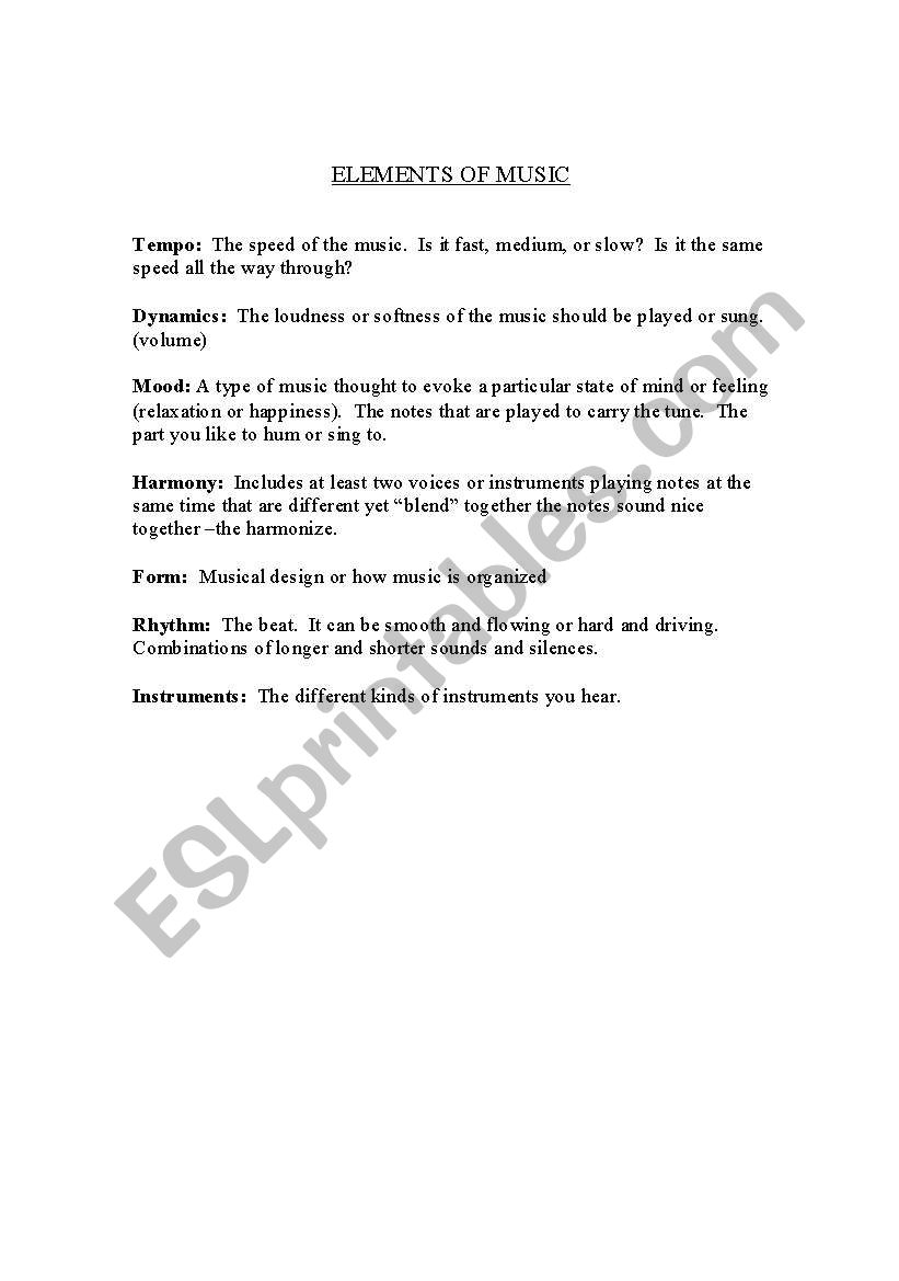 English worksheets: Elements of Music With Regard To Elements Of Music Worksheet