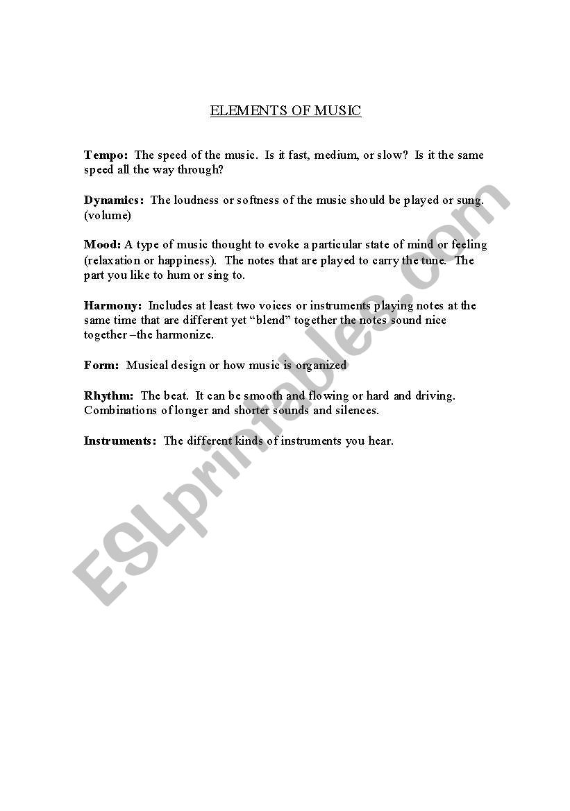 Elements of Music worksheet