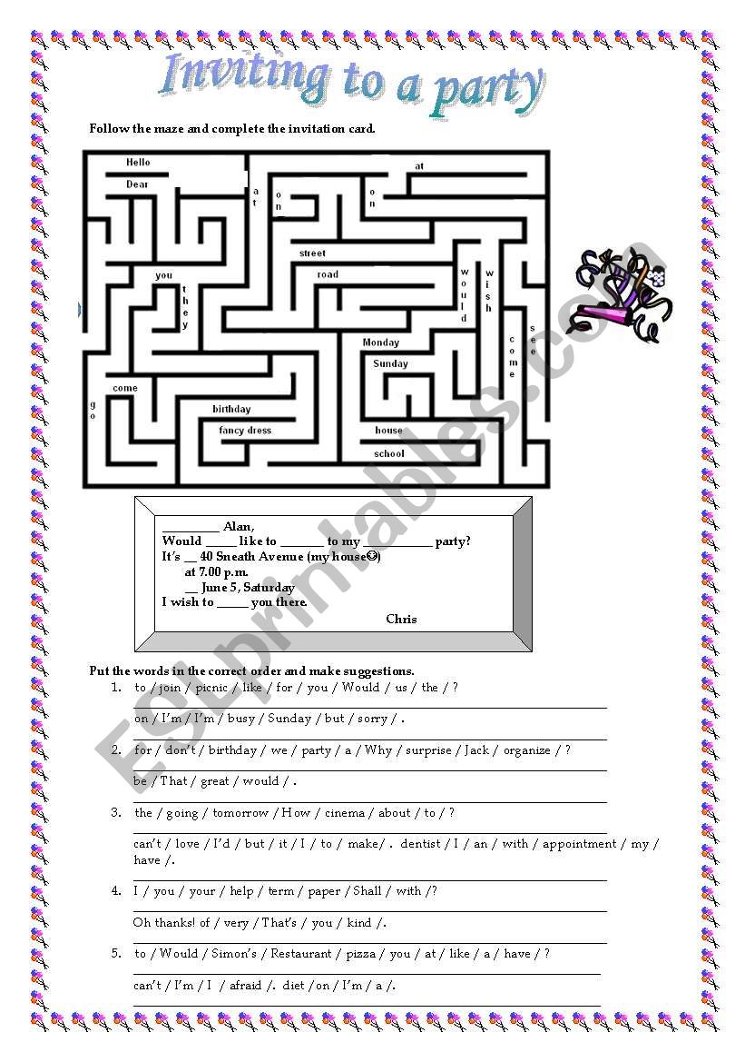 Inviting to a party worksheet