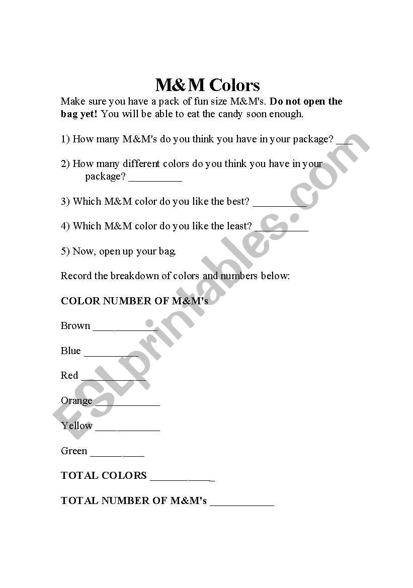M&M Colors worksheet
