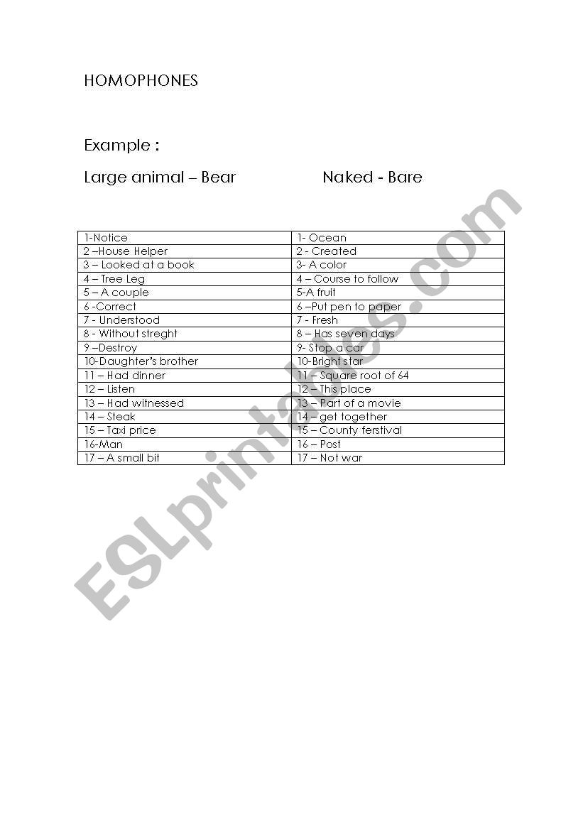 Homophones worksheet