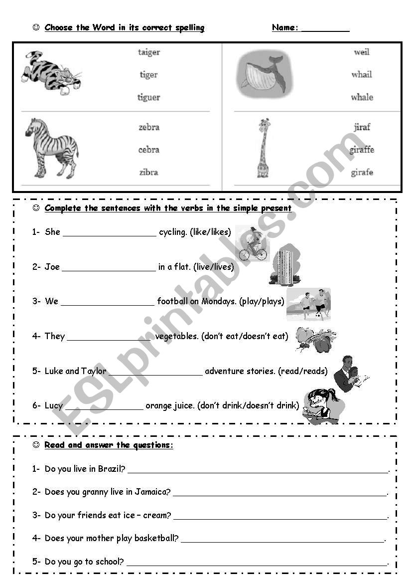 Simple present + animal voc worksheet