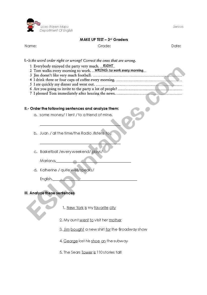 Word Order and Parts of Speech Test