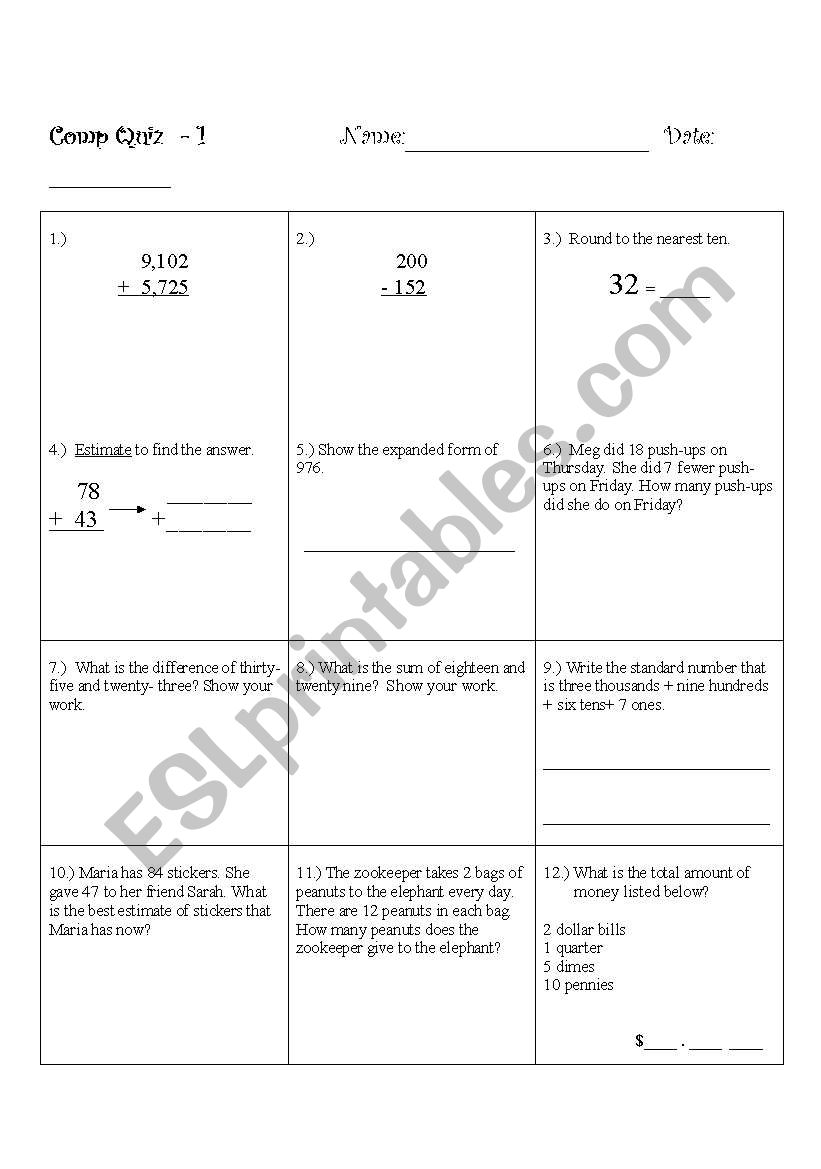 Math Objective Test worksheet