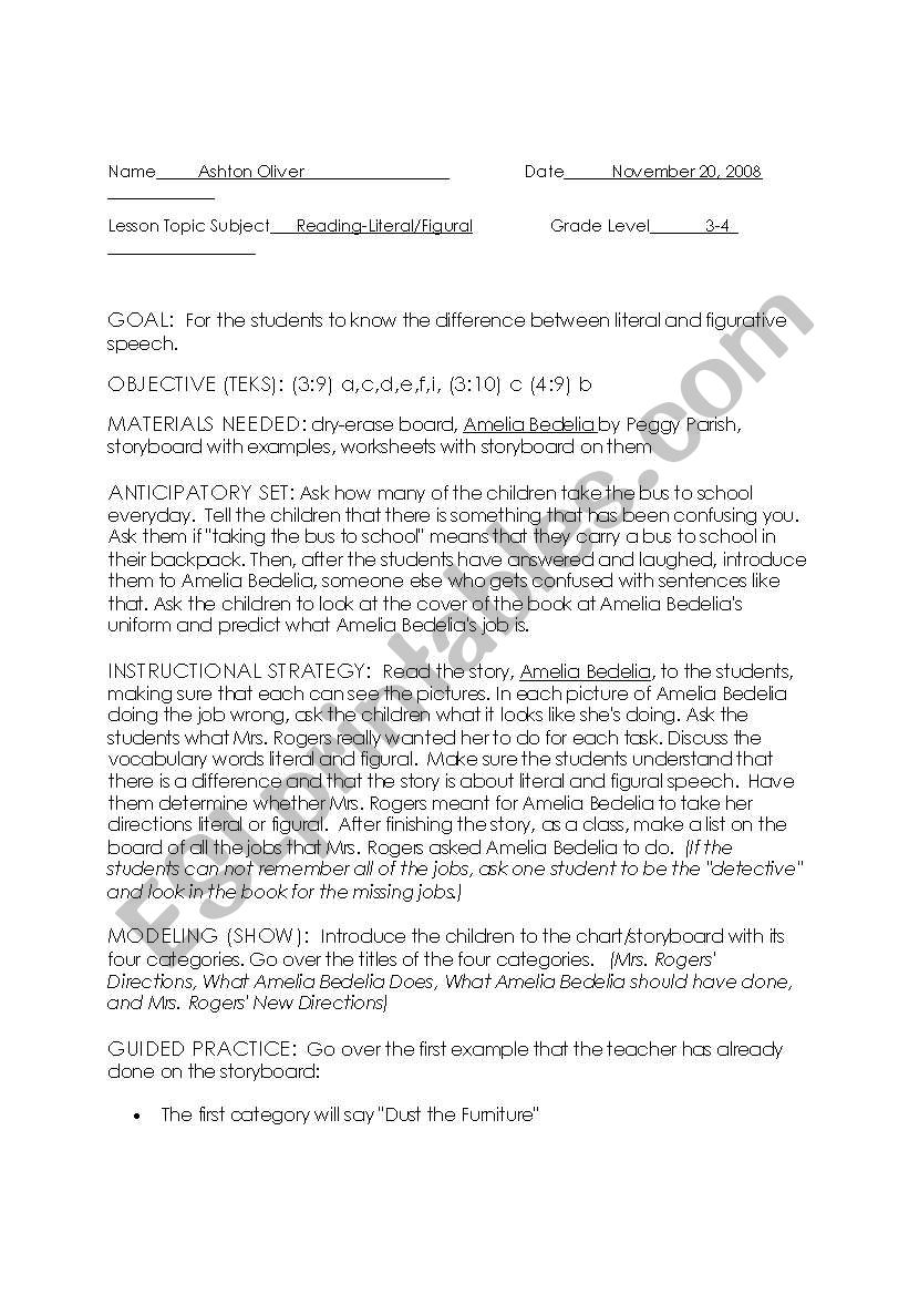 Literal Speech worksheet