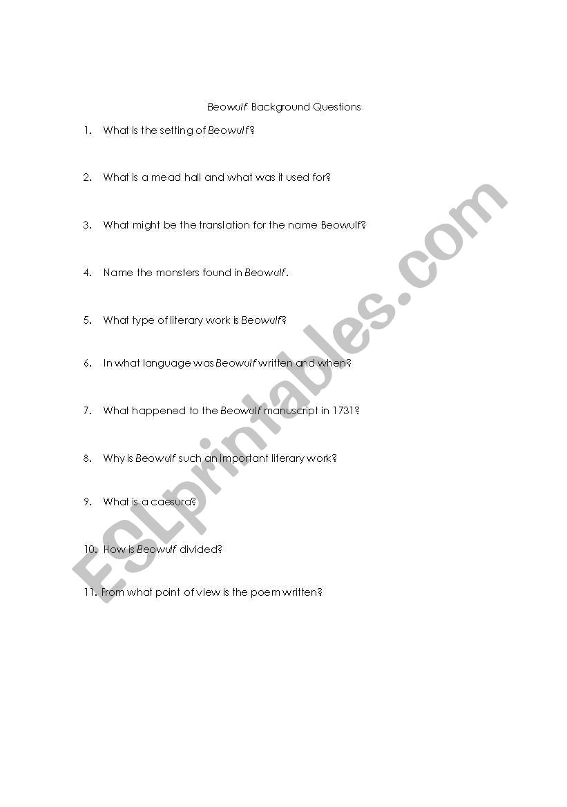 Beowulf Background Questions worksheet