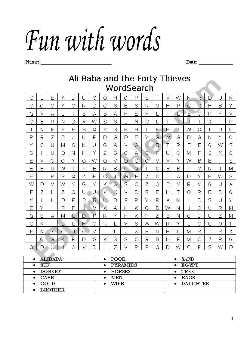 Ali Baba and the Forty Thieves Word Search