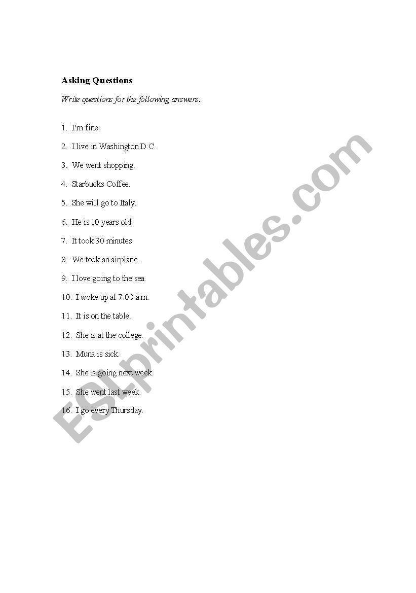 Asking Questions worksheet