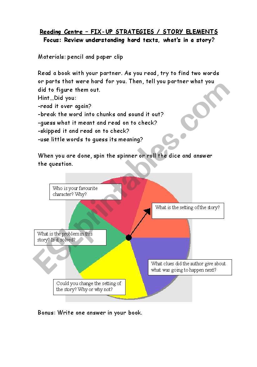 Reading Spinner Centre- parts of a story and review of strategies for hard parts