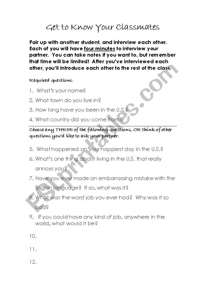 Get to Know Your Classmates worksheet