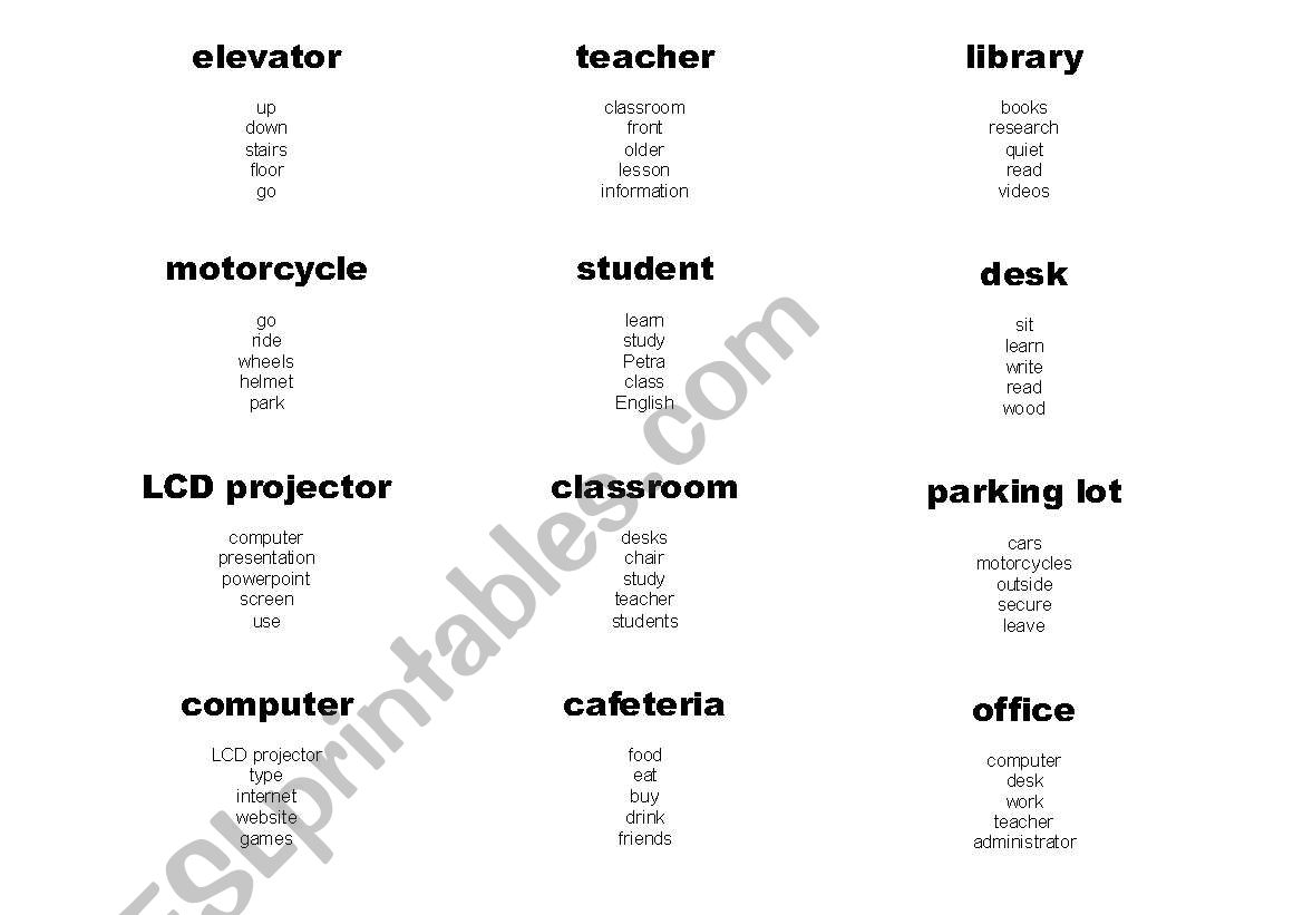 Taboo cards - things at school