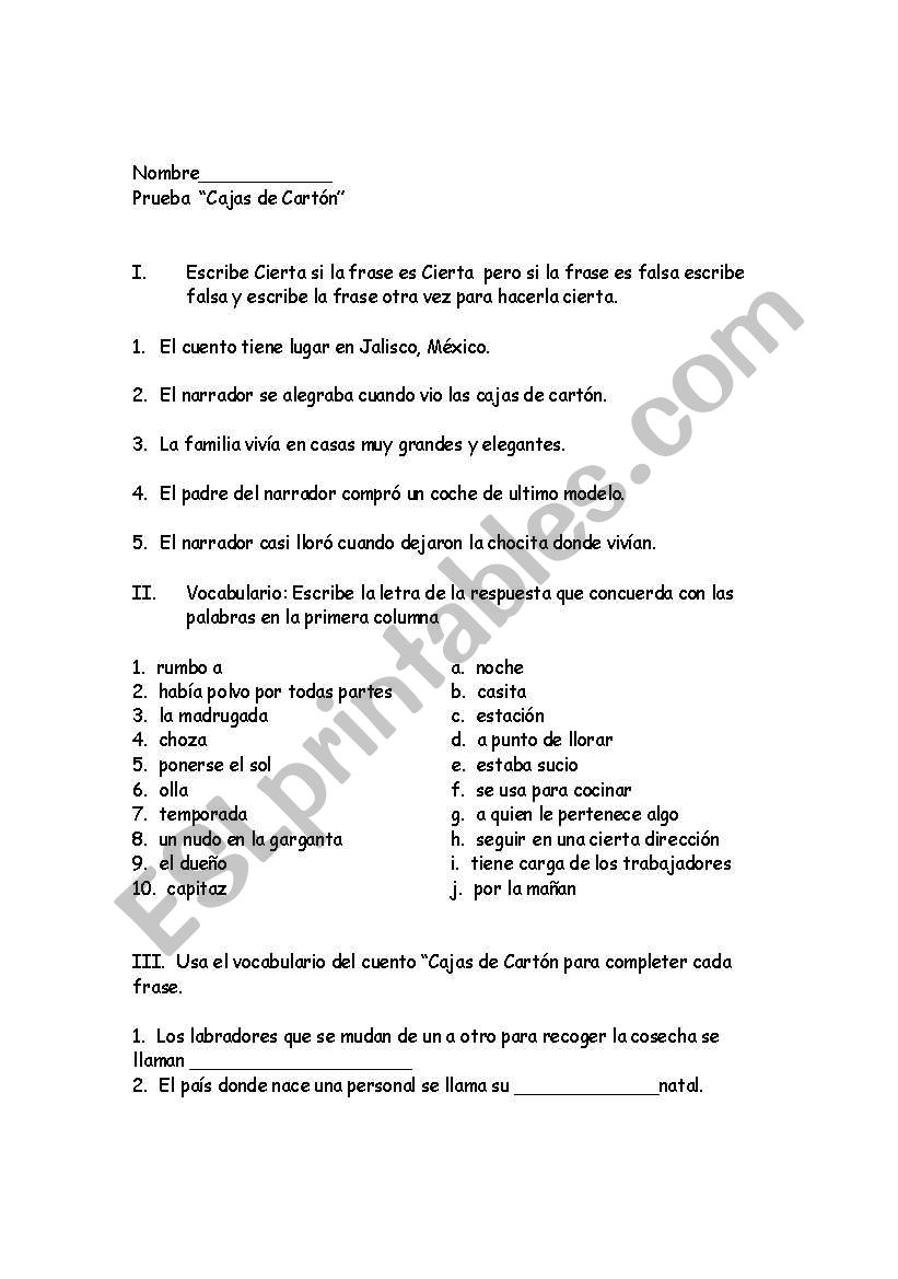 Cajas de Carton assessment worksheet