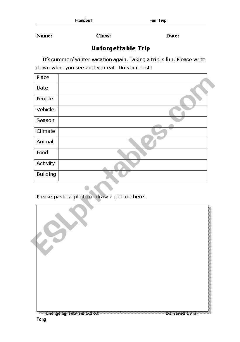 unforgettable trip worksheet