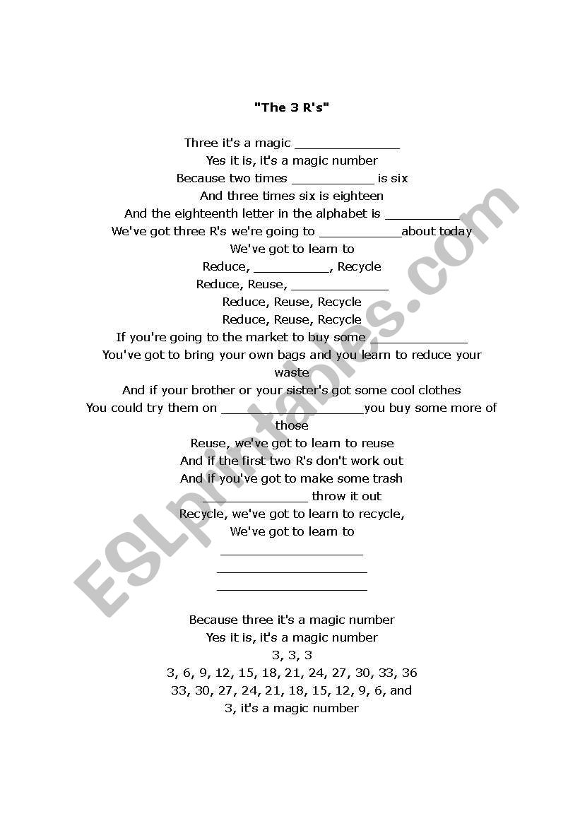 Reduce Reuse Recycle worksheet