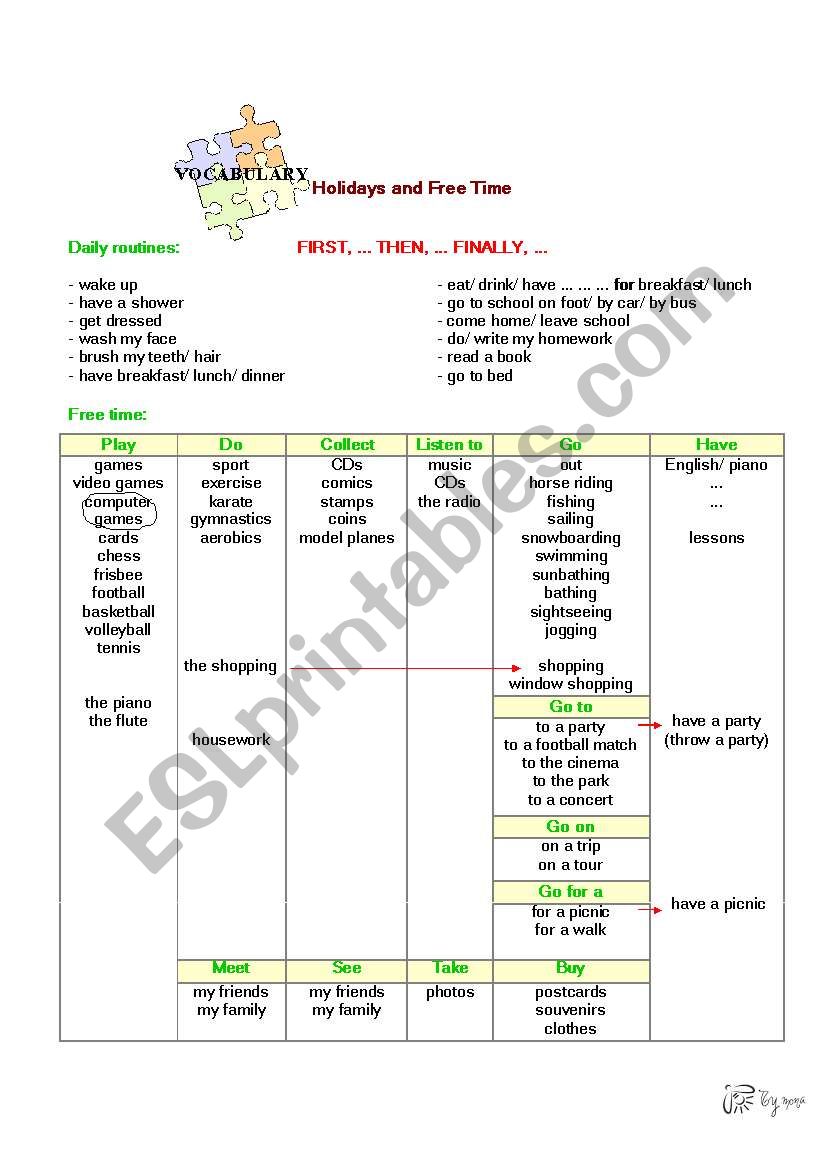 Holiday and free time worksheet