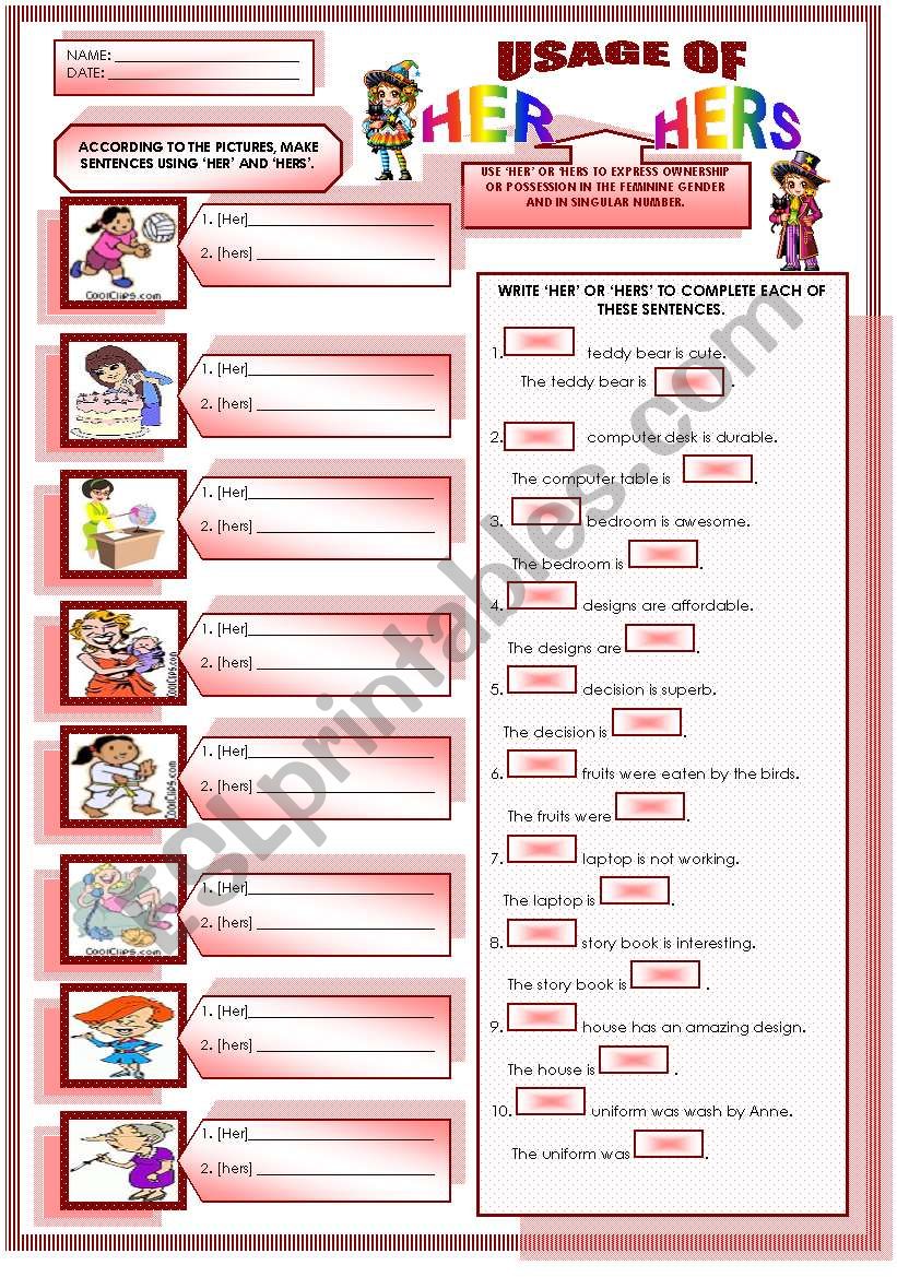 USAGE OF HER AND HERS worksheet