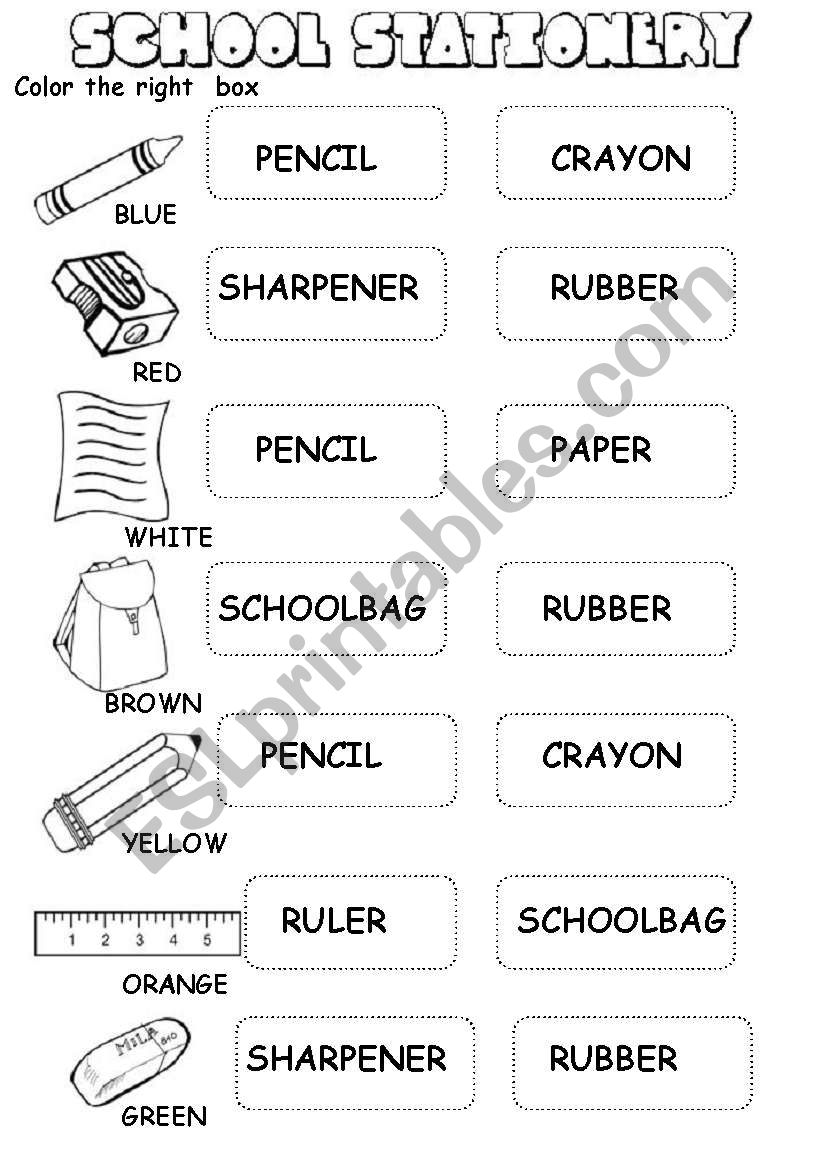 school stationery worksheet (2 pages)