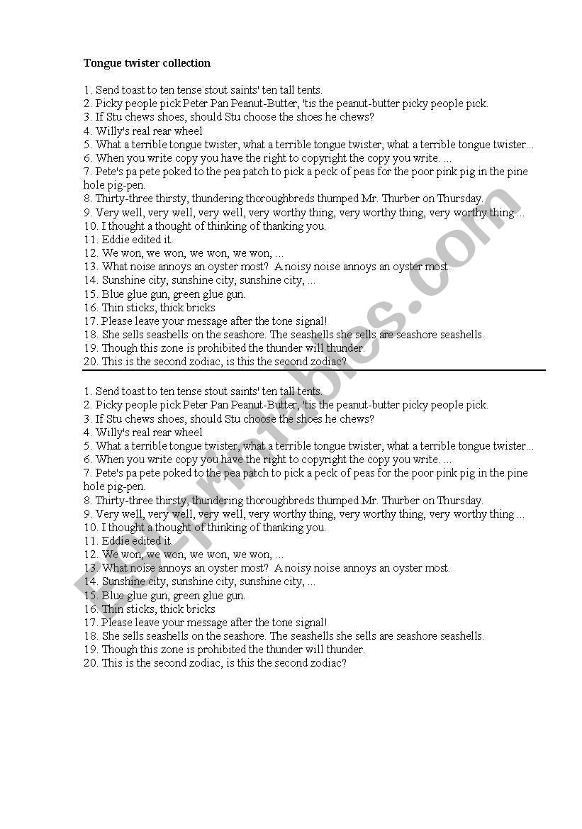 Tongue twister collection worksheet