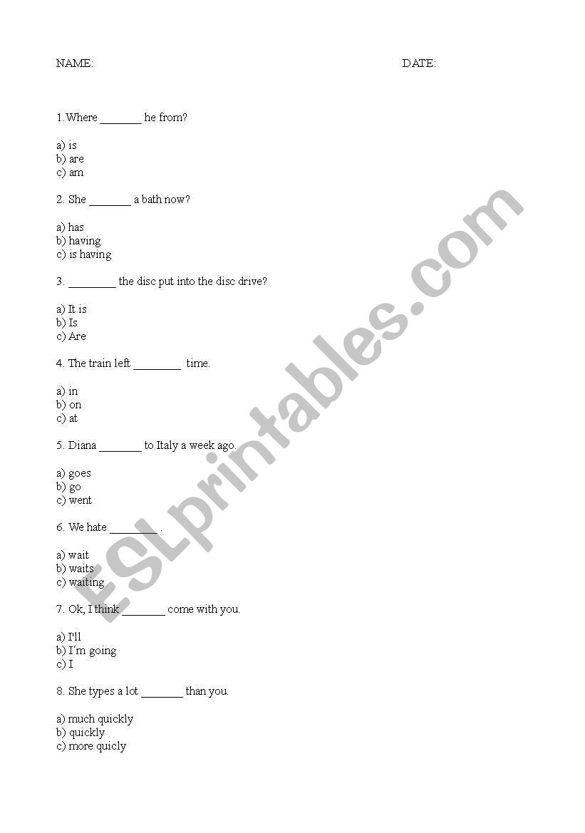 Level Test worksheet