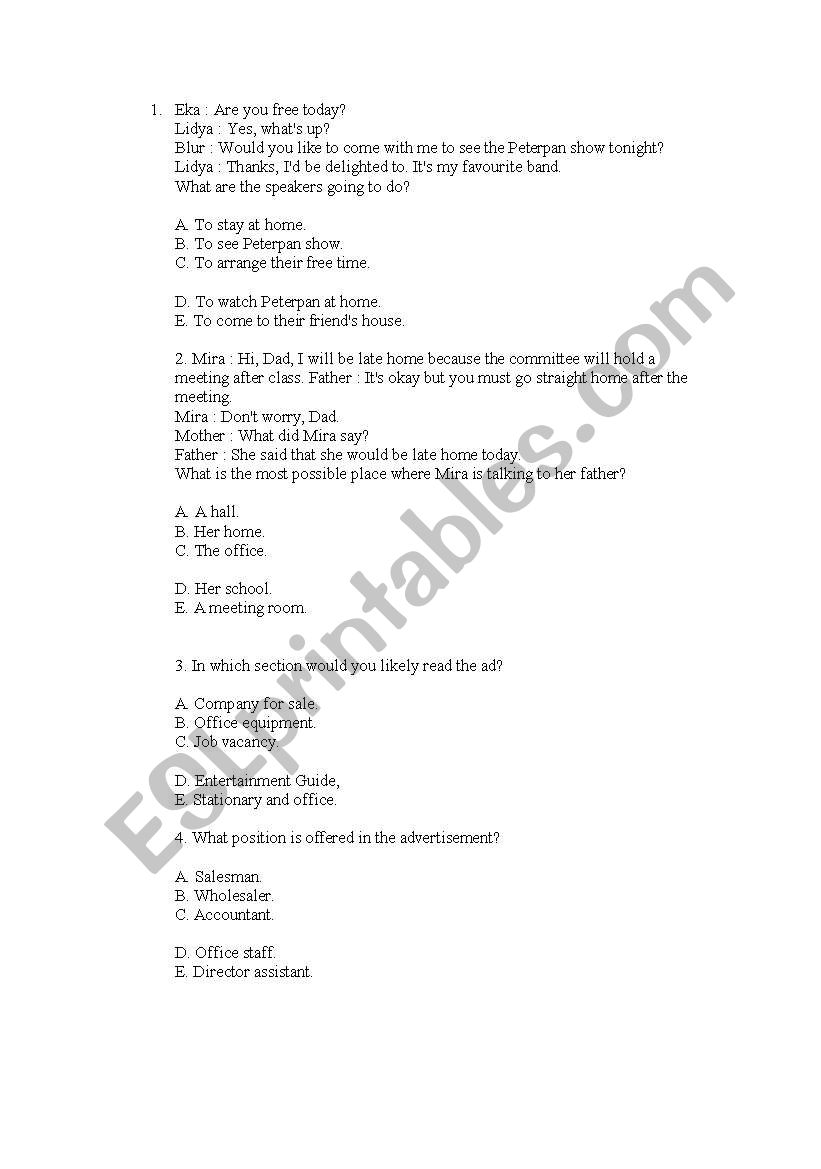 Reading Comprehension worksheet