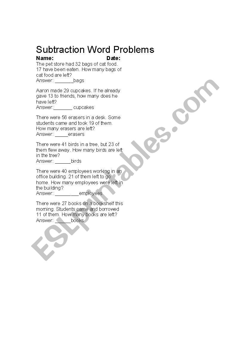 Subtraction work sheets worksheet