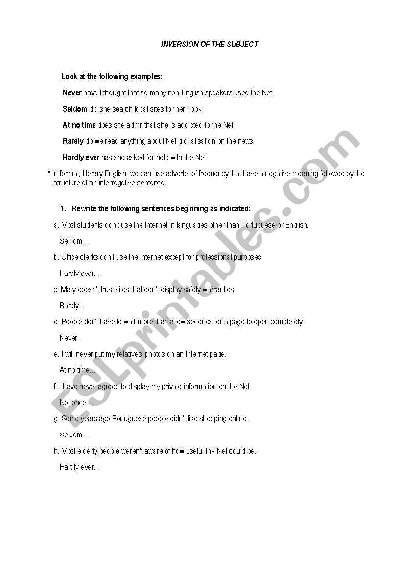 inversion of the subject worksheet