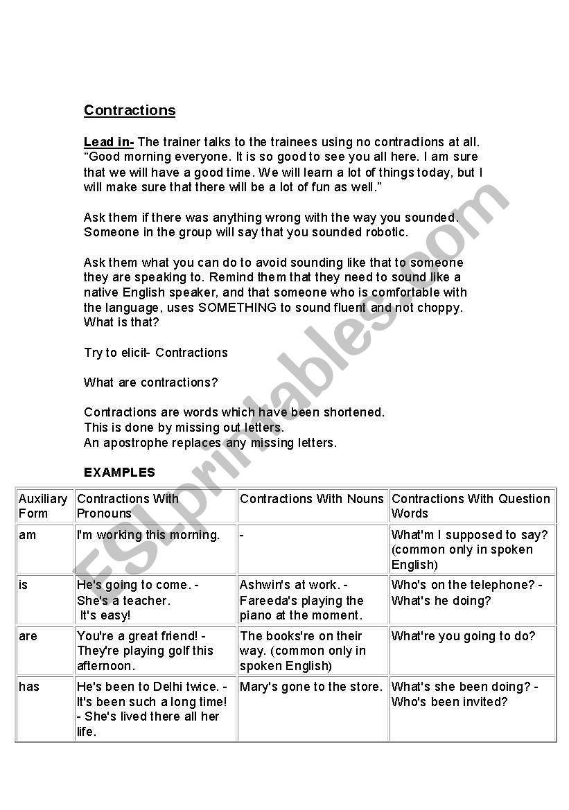 Contractions worksheet