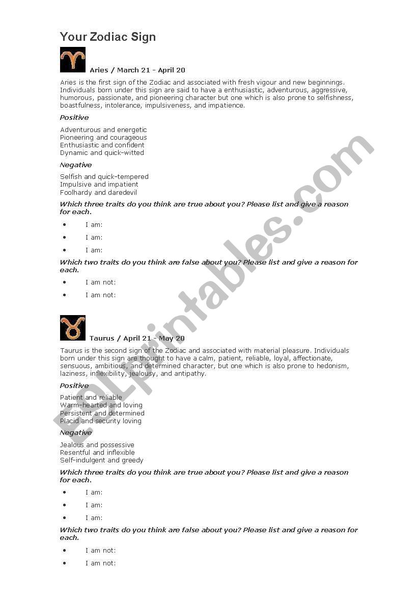 Your Zodiac Sign worksheet