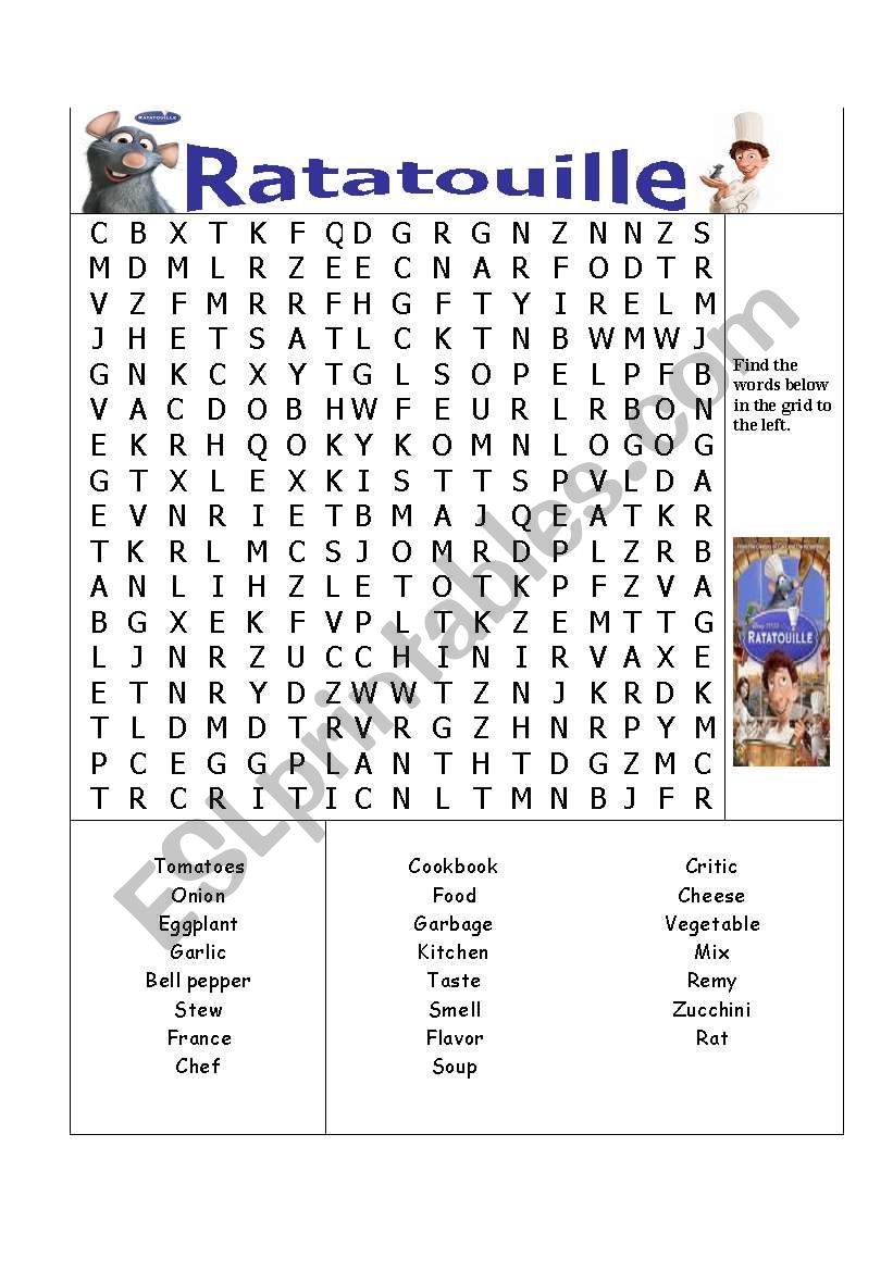 Ratatouille wordsearch worksheet