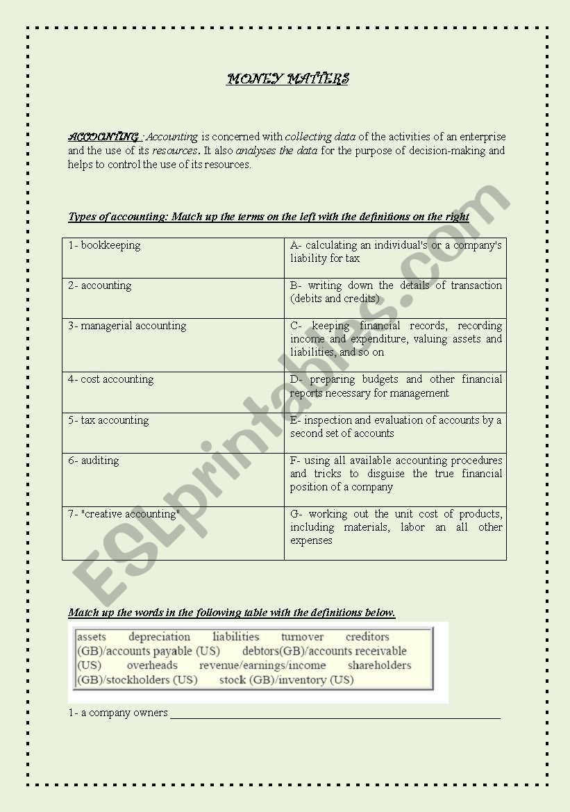 money matters worksheet