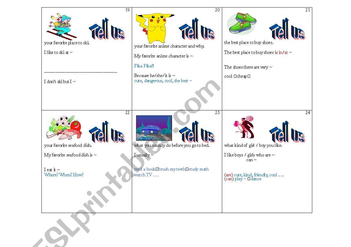 Tell us information about yourself warmup conversation cards 19 - 24