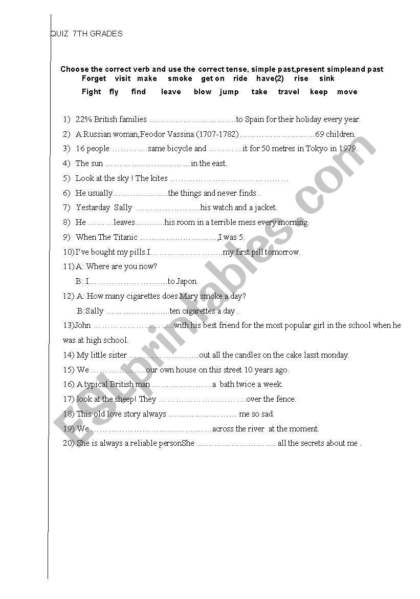 quiz tenses worksheet