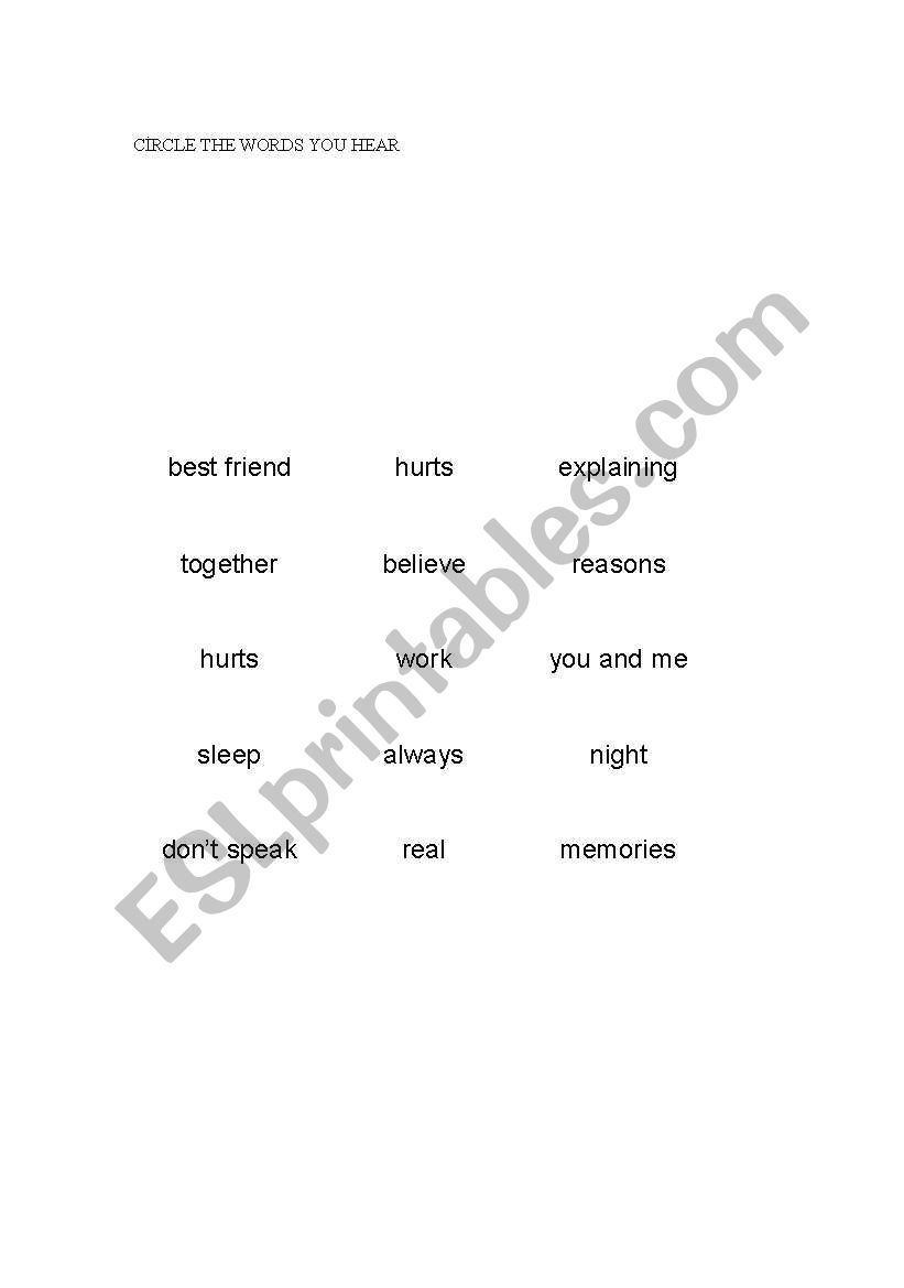 songs  for  vocabulary worksheet