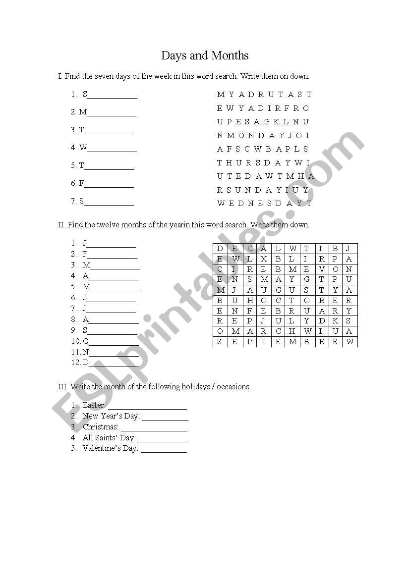 Days and Months worksheet