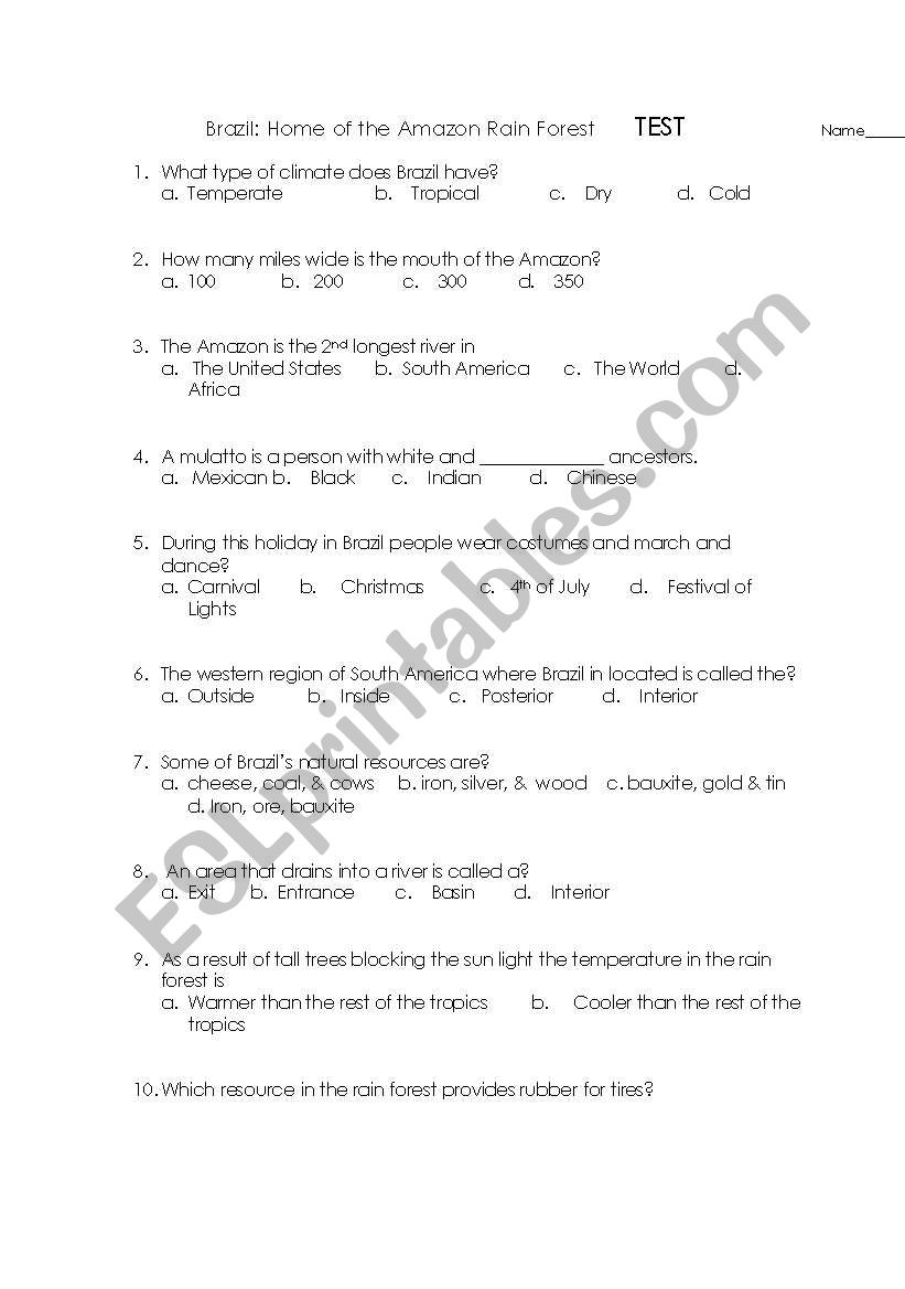 Brazil Test Social Sciences worksheet
