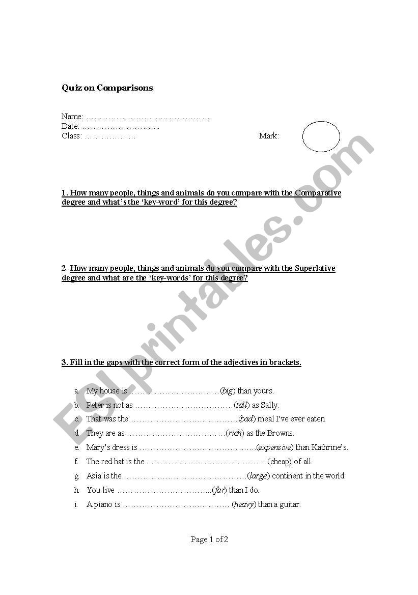 Comparisons test worksheet