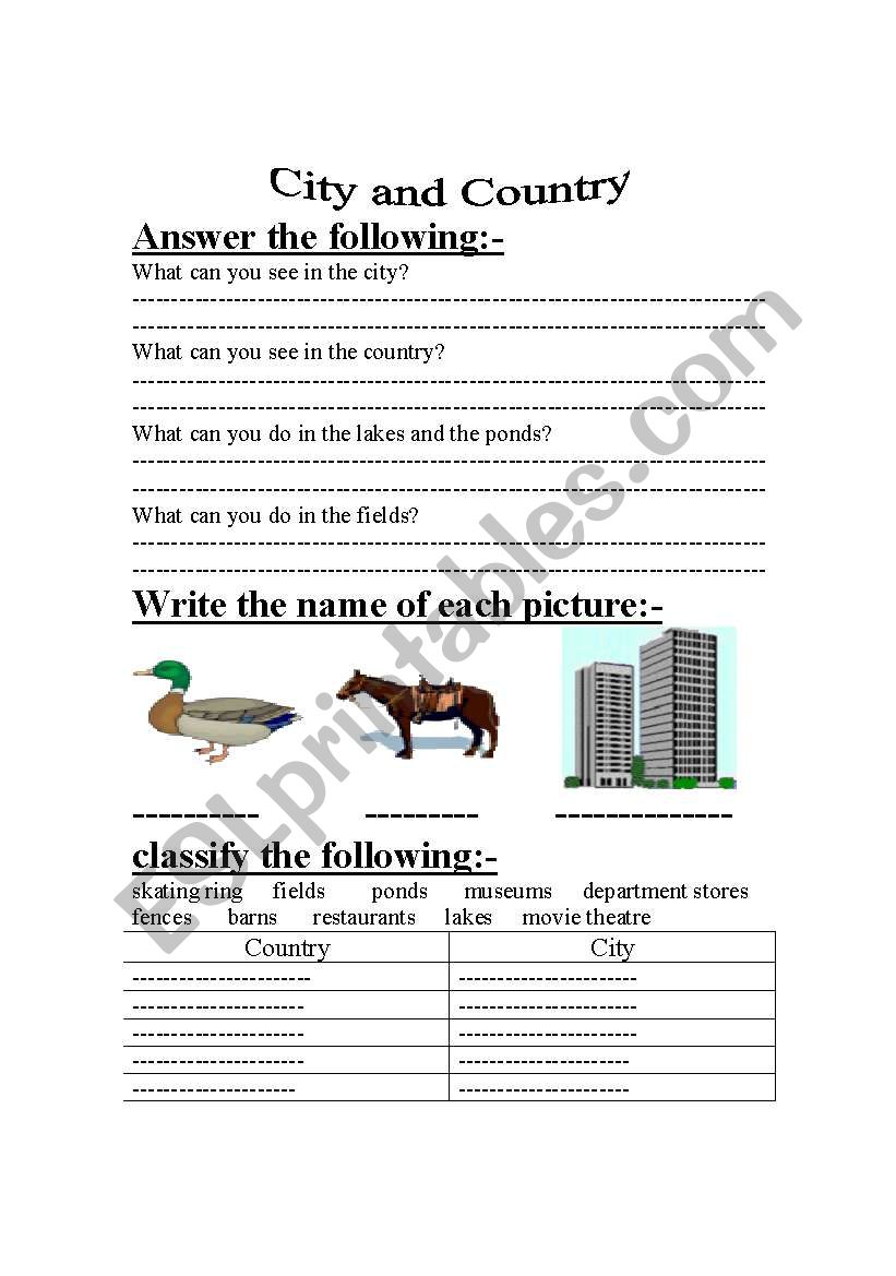 city and country worksheet